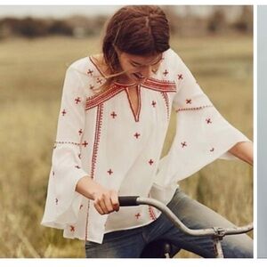 Anthro Floreat Adena White Blouse Red Embroidery Size 0